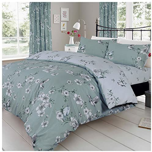 GC GAVENO CAVAILIA Birdie Blossom Parure de lit réversible de Luxe, Facile d'entretien, Douce et Confortable, Polycotton, Bleu Canard, Double (200 x 200cm)