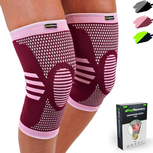 Feel Recovery 2 Stück Kniebandage für Herren & Damen - Kompression Kniestütze Sport für Knieschmerzen - Kniebandage für Arthrose & Meniskus - Atmungsaktiv & Rutschfest (XL, Bordeaux)