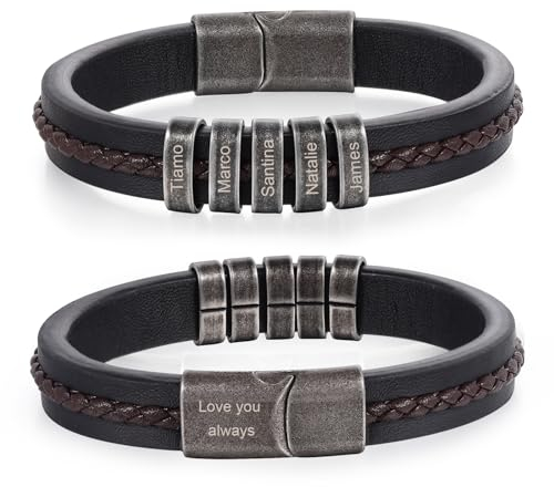 Lam Hub Fong Bracelet Homme Personnalisé avec 1-5 Nom Gravure Bracelet en Cuir Perlé Famille Ami Père Fils Cadeau pour Anniversaire Saint Valentin Fête des Pères