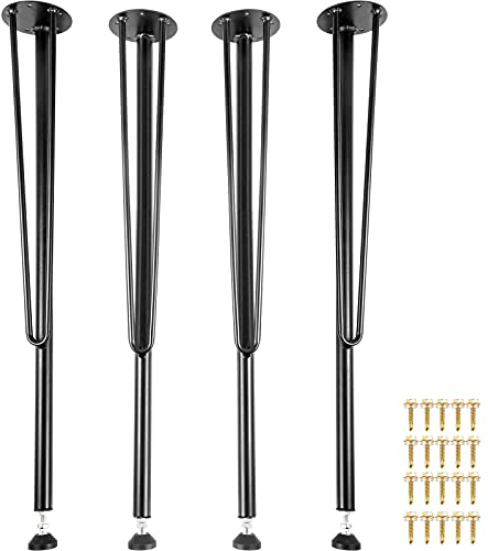 VEVOR Pieds de Table en métal en épingle à Cheveux, 71 cm, Pieds de Bureau Meubles 3 tiges, Lot de 4, Pieds de Table Basse en Fer forgé pour Salle à Manger avec Protections de Sol en Caoutchouc, Noir