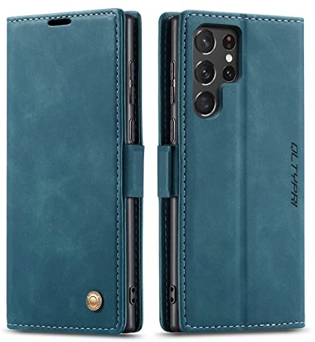 QLTYPRI Etui Coque pour Samsung Galaxy S22 Ultra, Portefeuille Fentes Cartes Housse Antichoc Cuir PU Vintage Portefeuille Etui Compatible avec Samsung Galaxy S22 Ultra - Bleu