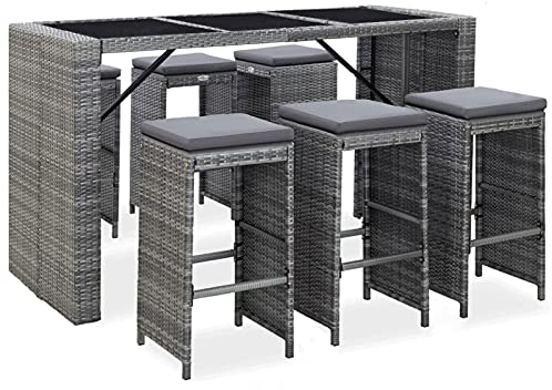 Goliraya Gartenbar Set 7-TLG. mit Auflagen Theke Bar Tresen Gartentheke Bartisch Stehtisch Barhocker Barstuhl Gartenmöbel Poly Rattan Grau