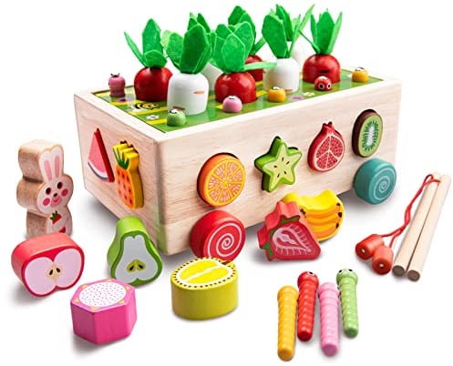 Montessori Spielzeug 2 in 1 Holzspielzeug Ab 3 Jahr Für Angelspiel Steckspiel Sortierspiel Karottenernte Formen Farbe Fruchterkennung Kinderspielzeug 3 4 5 Jahre Mädchen Junge Kleinkind Geschenk