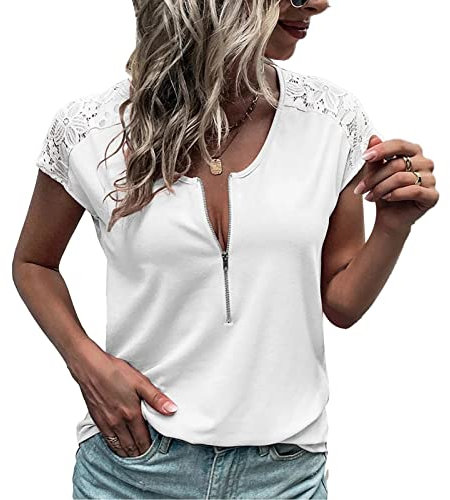 T-Shirt Femme Dentelle à Manches Courtes Col en V Hauts Décontracté Ample T-Shirt Couleur Unie élégant Haut Chemisier Chemisier D'été avec Demi-Fermeture éclair(XL-Blanche)