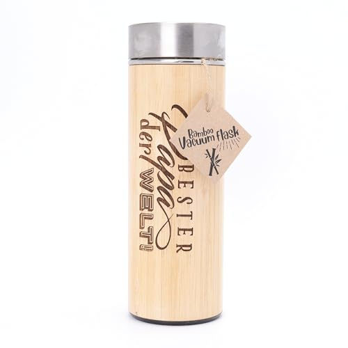 BESTER PAPA DER WELT - Bambus Thermosflasche mit Textgravur. Edelstahl Isolierkanne für täglichen Bedarf, Autoausflüge, Wanderungen. Für Heisse und Kalte Getränke geeignet. Trinkflasche.