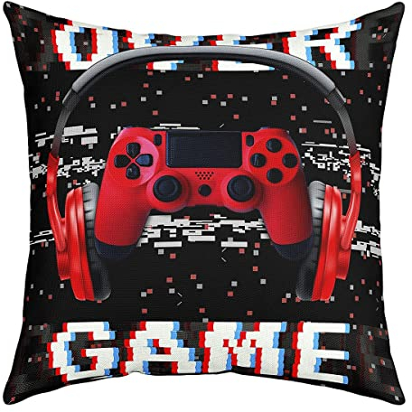 Homewish Gaming Headset Kissenbezug 40 x 40 cm Videospiele Kissenbezug für Zuhause Im Freien Büro Auto Kopfhörer Gamepad Kissenbezug Musikmotiv Gaming Kissenbezug Schwarz Rot