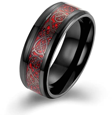 Bishilin Herren Ringe Edelstahl, Ringe Personalisiert 8MM Drache mit Rot Kohlenstoff Freundschaftsringe Männer Ring Schwarz Große 67 (21.3)