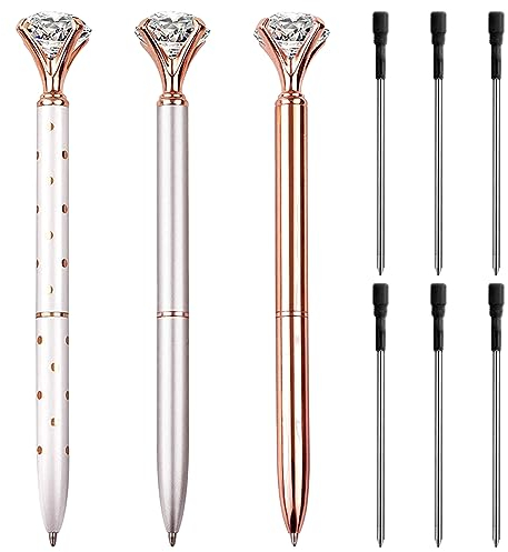 TAFACE 3PCS Stylos à Bille En Cristal Avec 6 Recharges, En Métal Et Or Rose - Cadeaux Pour Femmes, Collègues Et Filles