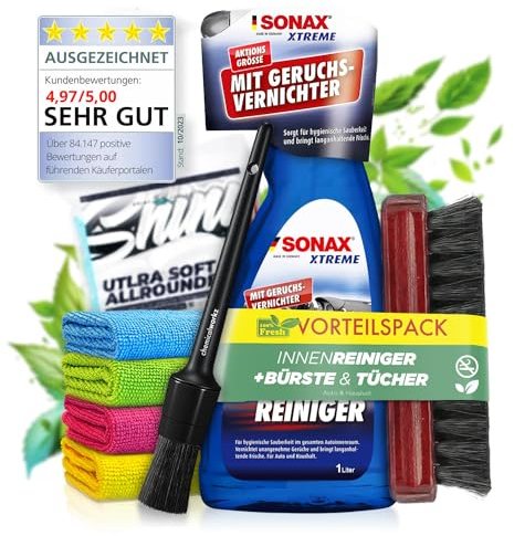 SONAX XTREME (1L) Innenraumreiniger + Bürste + chemicalworkz Pinsel + Shiny Freaks Mikrofasertuch - Auto Innenraum Reiniger, Kunststoff, Polster, Leder, Cockpitpflege, Auto Reinigungsset