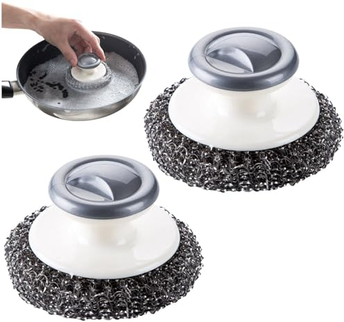 Fopytu 2 Pcs Steel Wool Scrubber with Handle, Heavy Duty Dish Scrubber Kitchen Cleaning Brush for Pots, Pans, Grills, Sink