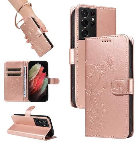 SRISHP Coque pour Samsung Galaxy S21 Ultra/Galaxy S30 Ultra, Housse Etui Portefeuille Cuir PU Multifonction, Magnétique Étui de Protection Compatible avec Galaxy S21 Ultra, Or Rose