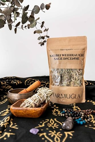 FARMUĞLA Natürliche Getrocknete Salbei-Räucherstäbchen, 4 Stück | Natürlicher getrockneter Salbei für eine angenehme Atmosphäre, Meditation, Entspannung und persönliche Räucherrituale.