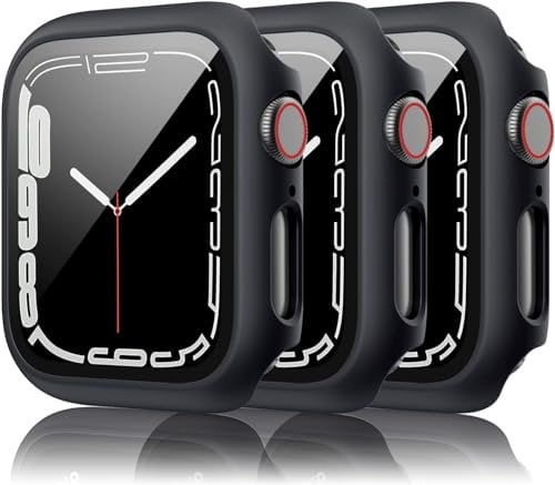 3 Pack Hard Case for Apple Watch Series 3/2/1 38mm With 9H Tempered Glass Screen Protector, Touch Sensitive Full Coverage Slim Bumper Protective Cover for iWatch (Black/Black/Black)