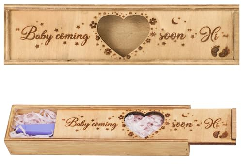 Schwangerschaftstest Andenken Box, Herzförmig Hohl Hölzerne Schwangerschafts-Ankündigungsbox mit Baby Coming Soon Souvenir-Sammlung Schwangerschaftsgeschenkbox für Papa-Familie