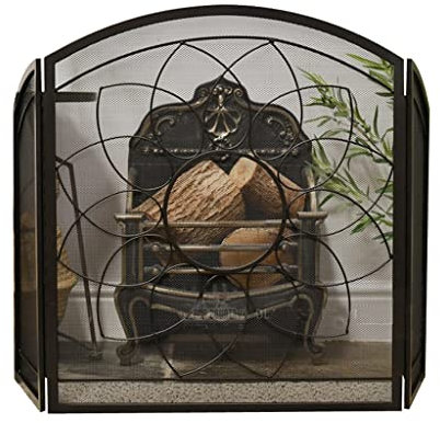 Kaminschirm Kaminschirm Retro Nostalgie Eisen Kunst Wohnzimmer Kamin Trennwand Bildschirm Dreifach Geschnitzt Faltschirm Feuerfest Gürtel Mesh Hohlzaun Spark Gu kleines Geschenk