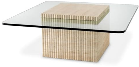 Casa Padrino Table Basse en travertin de Luxe Beige 90 x 90 x H. 35 cm - Table de Salon carrée en Pierre Naturelle avec Plateau en Verre - Meuble de Salon - Meuble de Luxe - Ameublement de Luxe