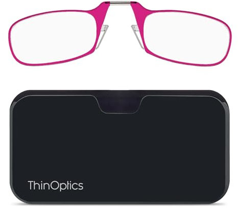 ThinOptics Folding Reading Glasses 1.5 with Compact Case - Slim & Foldable Spectacles with Pink Frame - Armless Nose Clip Readers for Men & Women – Thin Design with Mobile Case Attachment
