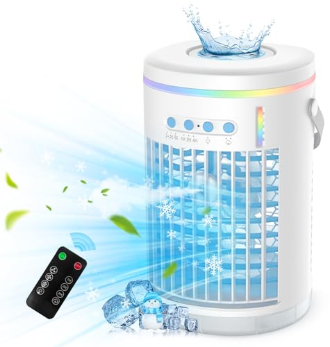 Mobile Klimageräte Mini Luftkühler,1400ML Tragbare Mini-Klimaanlage und Luftbefeuchter mit Fernbedienung,3 Geschwindigkeits Mini Verdunstungs Klimagerät Air Cooler für Hause,Büro,Reisen (Milk Blue02)
