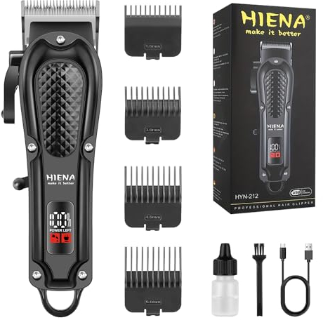 HIENA PRO Tondeuse à cheveux professionnelle pour homme - Tondeuse à cheveux et barbe - Tondeuse à barbe - Batterie rechargeable - Affichage LED - Noir