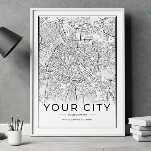 SHINERING Personalizado Negro Moderno Cualquier Mapa De Ciudad Arte De Pared Lienzo Póster Impresiones Pinturas Imagen Para La Decoración Del Hogar De La Sala De Estar A1 40X50Cm Sin Marco