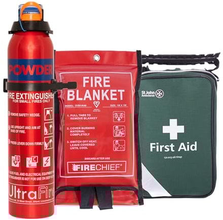 UltraFire Fire Safety Kit – 600g Powder Extinguisher, St John Ambulance First Aid Kit & 1m x 1m Fire Blanket