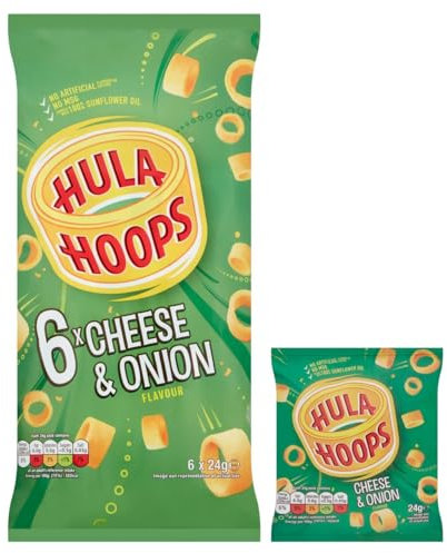 Hula Hoops Cheese & Onion Multipack Crisps, 6 Pack, 144g, No Artificial Flavours or Colours, No MSG, Cooked with 100% Sunflower Oil, Suitable for Vegetarians
