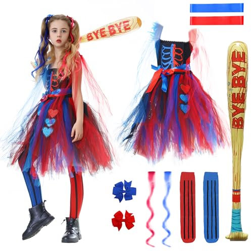 IEEILULU Costume Quinn Bambina, Halloween Vestito Harley Cosplay Set, Costumi Outfit con Clown Vestiti Parrucca Calze Mazza Gonfiabile per Halloween Carnevale Cosplay feste (XL)