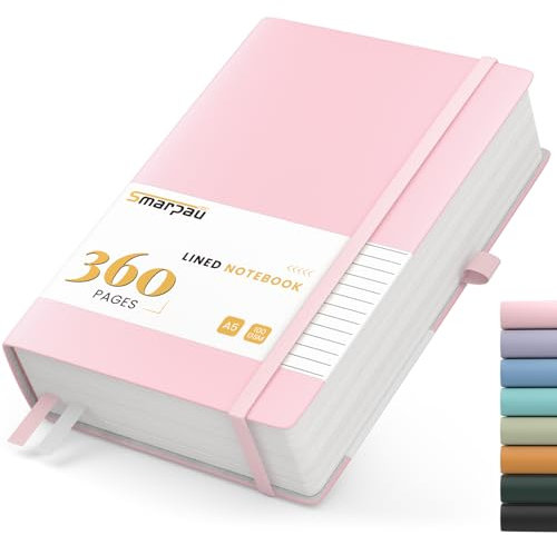 Smarpau 360 Pages Notebook A5 - Leather Lined Journal Notebook with 100gsm Thick Paper, College Ruled Journals for Women Men Writing School Office, 14.5 x 21cm - Pink