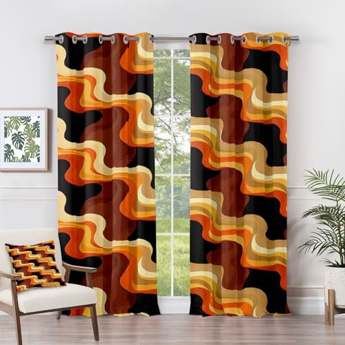 Vorhänge Gewellte - 70er Jahre Retro Abstrakt Fenster Gardinen mit Ösen, Vorhang Blickdicht Verdunklungsvorhänge Thermovorhang für Wohnzimmer Schlafzimmer Deko 2er Set, H 166 x B 75 cm J#-71