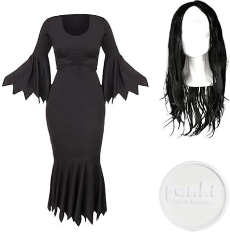 LOVETRENDS Ladies Halloween Costume - Long Black Dress with Ragged Edges, Long Black Wig and White Facepaint - Womens Halloween Fancy Dress Costume
