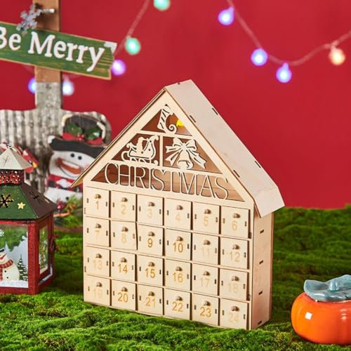 Calendario dell'Avvento natalizio in legno, a LED, con 24 cassetti, decorazione natalizia da tavolo, riutilizzabile, calendario fai da te per adulti e bambini, decorazione natalizia per le vacanze