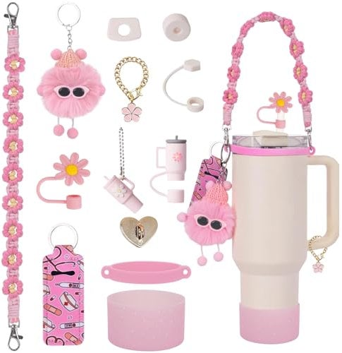13 Pcs Cup Accessories Set for Stanley Cup, Including Silicone Straw Cover, Water Bottle Handle Strap, Water Bottle Holder, Spill Stopper, Keychain for Stanley 30oz 40oz Tumbler (Pink)