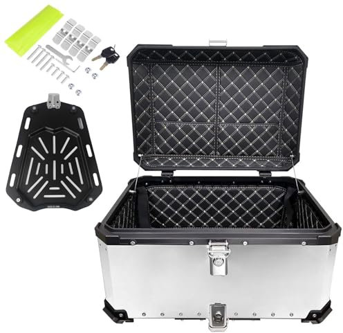 Generisch Topcase aus Aluminium für Motorradkoffer, wasserdichtes Motorrad-Topcase, Motorradkoffer-Heckbox mit Montageplatte, 28/36/45/55/65/80/100 Liter Fassungsvermögen (Silber, 80 L)
