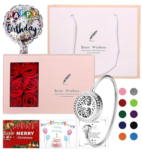 JewelryWe Aromatherapie Armband Damen mit Geschenkbox: Rosegold Edelstahl Lebensbaum Armreif Aroma Ätherisches Öl Diffusor Offen Manschette Armspange 10 Filzkreisen Rosenbox Geschenk für Frau Freundin