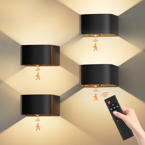 Vakola Akku Wandleuchte Schwarz, 5500mAh - Wandlampe Innen mit Bewegungsmelder, LED Lampe mit 3 Farben und 3 Modi, 4 Stück Batterie Wandlicht