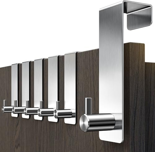 Menz Türhaken zum Einhängen 6 Stück, Silber | Edelstahl Türhaken, stabile Kleiderhaken Tür, Haken zum Einhängen als flexible Türgarderobe, Türhakenleiste