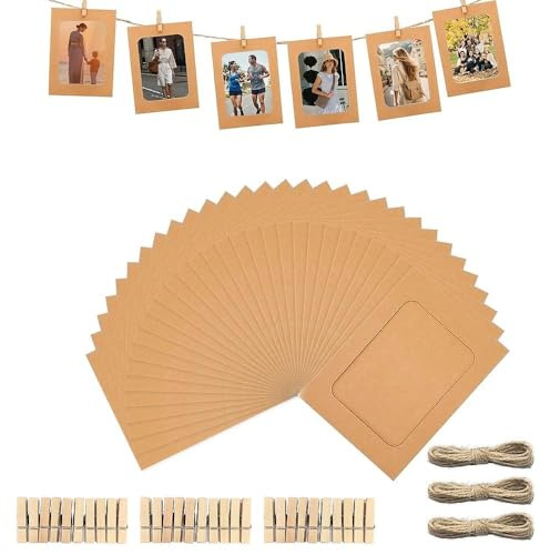 ROEOWENE 30pcs Cadre Photo en Papier Kraft DIY Cadre Photo à Suspendre | 10x15 Présentoir Carton A Decorer Avec 30 Pinces Bois,cordes Support Accrocher Photos Pour Décoration Murale-kaki