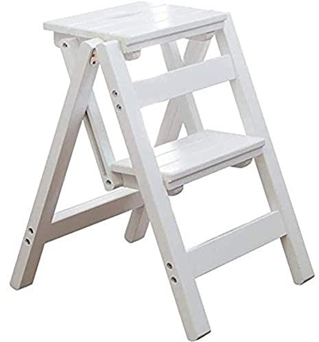 Folding Wooden Ladder Chair Portable 2 Step Stool Non Slip Multi Purpose Indoor Stairway Seat White