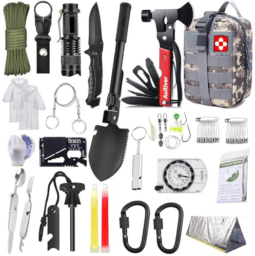 AuRiver Kit de Supervivencia, Equipo de Emergencia, Kit Supervivencia con Hacha de Martillo Multifuncional, Kit de Emergencia para Viajar Caminar Acampar al Aire Montaña (Camuflaje)
