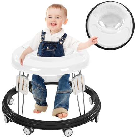 Baby Walker, Foldable Multi-Function Anti-Rollover, 5 Level Height Adjustable, Baby Walkers for 6-15months Suitable for All Terrains (White)