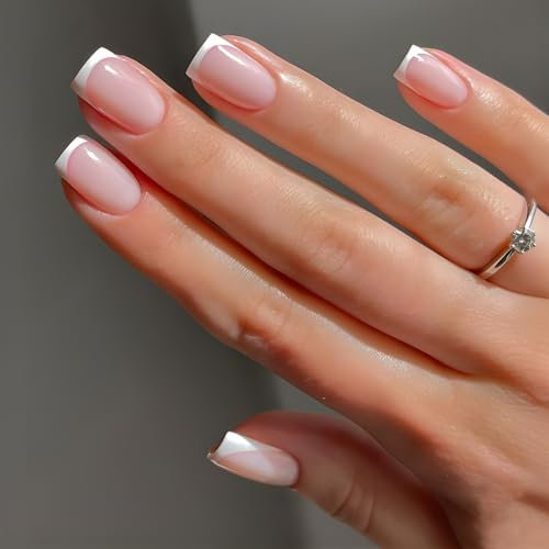 24pcs French Fake Nails, Press on nails with glue, Glossy Fake Nails (Nude pink french, 1)