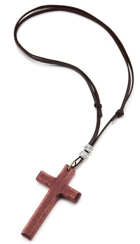 COOLSTEELANDBEYOND Lederschnur Halskette mit Holz Kreuz, Herren Damen, Verstellbaren Dunkel Braun Lederband