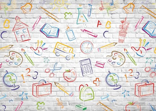 Schulanfang, Schulanfang, handbemalte Bleistifte, Bücher, weiße Ziegelmauer, Fotografie-Hintergrund, Online-Unterricht, Party-Dekorationen, Hintergrund (2,4 x 1,8 m)