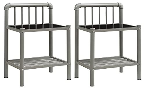 Table de Chevet Lot de 2, Table de Nuit Chevet de Lit 2 pcs Gris et Noir Métal et Verre
