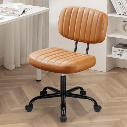 Sweetcrispy Small Office Desk Chair - Armless PU Leather with Comfy Lumbar Support, Height Adjustable Rolling Swivel Task for No Arms, for Adult, Student, Bedroom, Home, Vanity, Brown