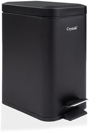 Crystals 3L Rectangular Slim Pedal Bin with Soft Close Lid – Compact Waste Bins for Bathroom, Kitchen, Toilet or Office – Hands-Free Rubbish Bin with Removable Inner Bucket, Modern Design (Black)