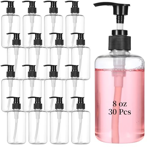 pump bottle dispenser - 30 Pcs Empty Refillable Clear Bottles, 250ml Clear Soap Dispenser Bottle With Lotion Tops For Soap Gel Liquid Containers for Essential Oils