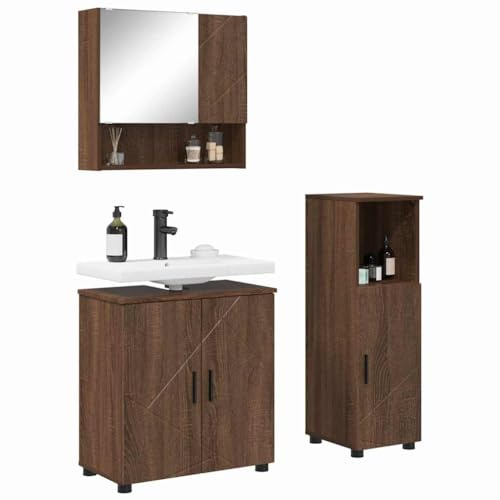 vidaXL Bathroom Furniture Set 3 pcs Brown Oak Engineered wood & Metal, Bathroom Vanity Unit, Modern Storage Solution, Rectangular Compact Design, Elegant Mirror Cabinet for Functional Organization