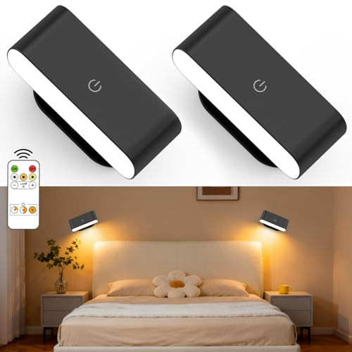Lacasa LED Wandleuchte Innen, 2 Stück Akku Wandlampe mit Fernbedienung, Touch Control 3 Farbmodi Dimmbar Kabellose Wandleuchten in Warmweiß-Weiß, 360° Drehbare Nachtlicht für Schlafzimmer, Wohnzimmer