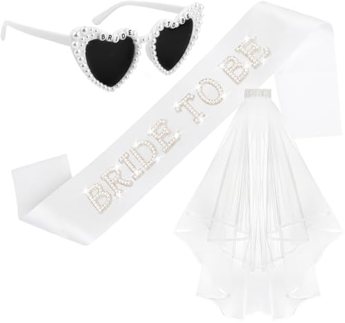 BAHABY Pearl Bride to Be Sash + Veil + Heart Bride Sunglasses Set Bachelorette Party Decorations Bridal Shower Engagement Party Decorations